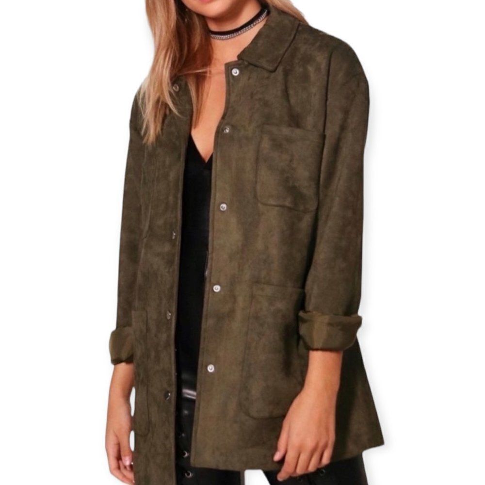 Dark Green Suede Button Up Utility Jacket  NWT